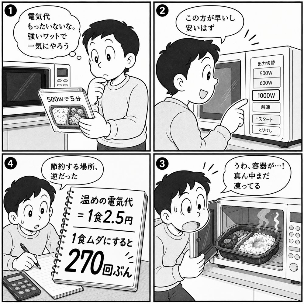 宅配弁当を高出力で一気に温めようとした人が、容器が変形し中心が凍ったまま失敗し、温めの電気代は1食2.5円で、1食をむだにすると電気代270回ぶんが飛ぶとノートに書き出す4コマ漫画