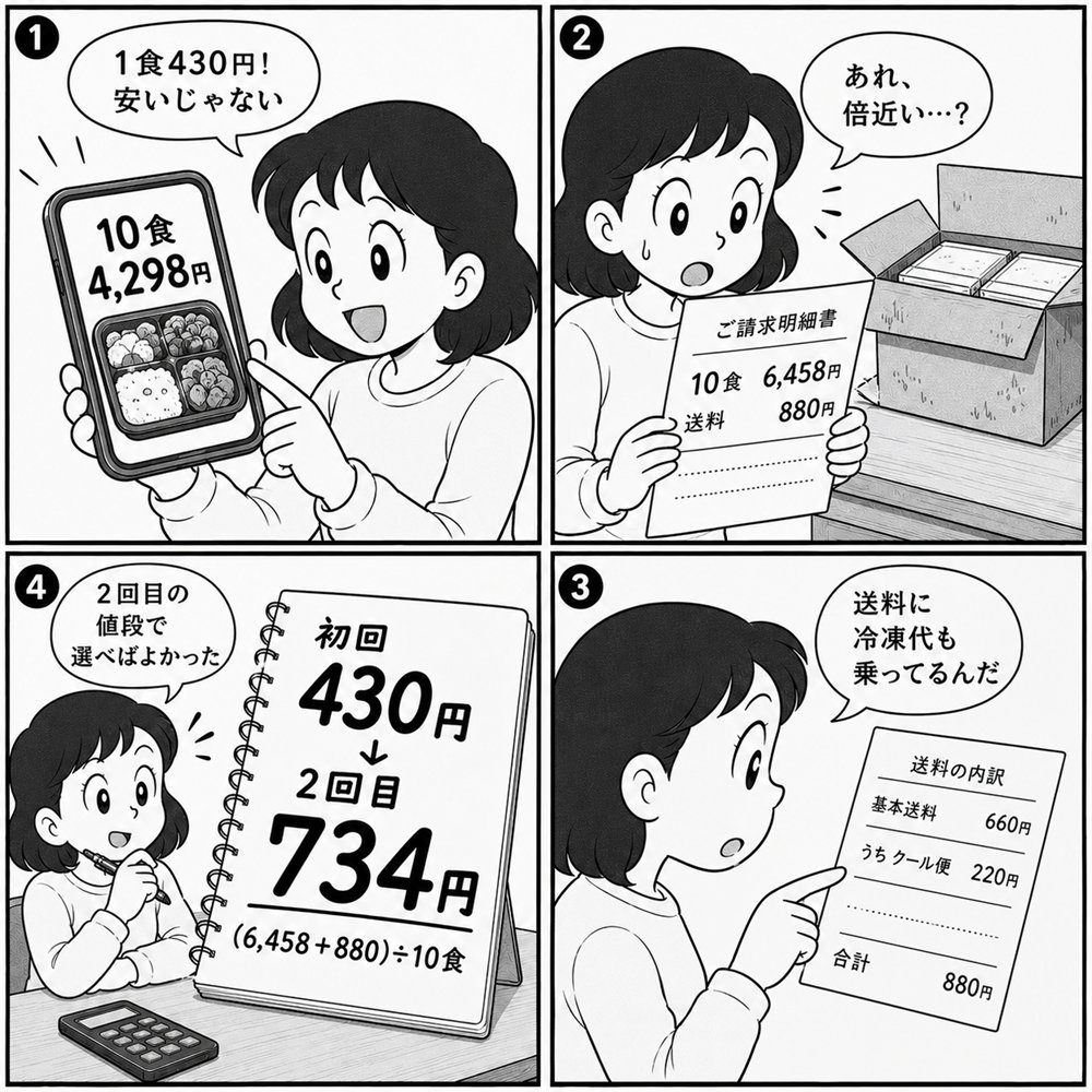 初回10食4,298円の広告を見て1食430円と喜んで頼んだ人が、2回目の請求書で10食6,458円＋送料880円になっていることに気づき、(6,458＋880)÷10食＝実質1食734円だとノートに書き出す4コマ漫画