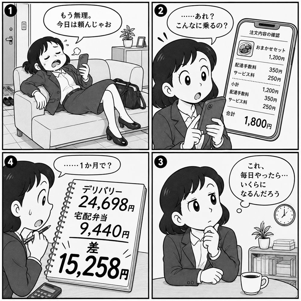 疲れて帰宅した女性がデリバリーを注文し、確認画面で配達手数料とサービス料が乗ることに驚き、毎日続けた場合を計算して、デリバリー24,698円と宅配弁当9,440円で差15,258円になると気づく4コマ漫画