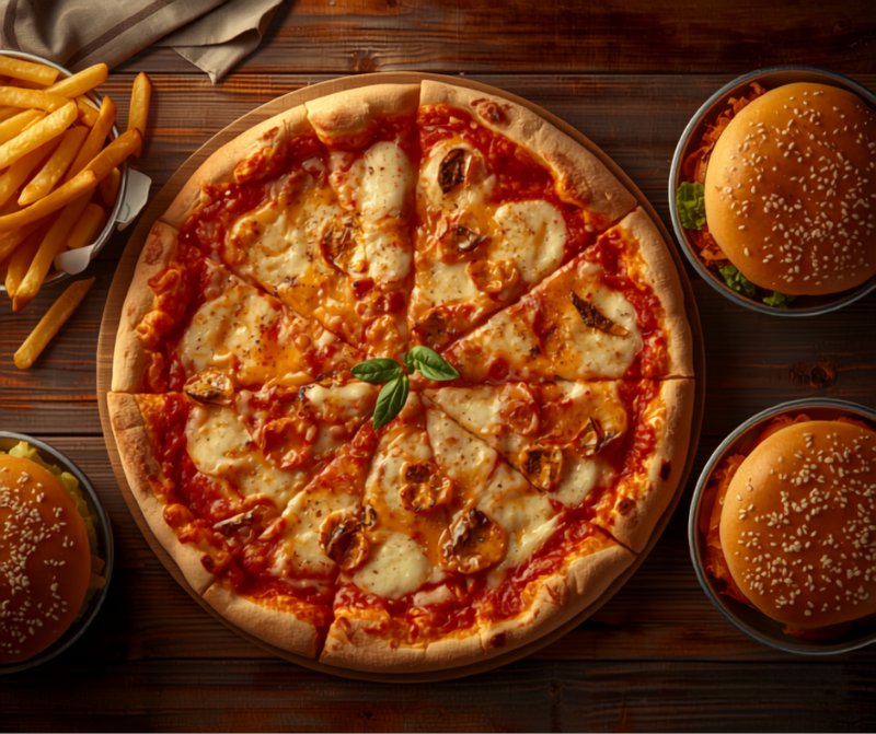ピザ・ハンバーガー・フライドポテトなどデリバリー料理のイメージ