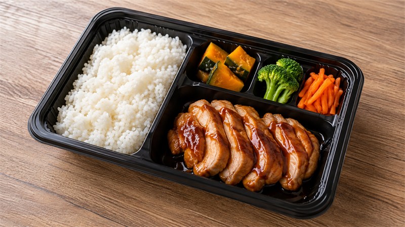 仕切りのある容器に照り焼きの主菜とごはん、かぼちゃ・ブロッコリー・にんじんが詰まった宅配弁当のイメージ