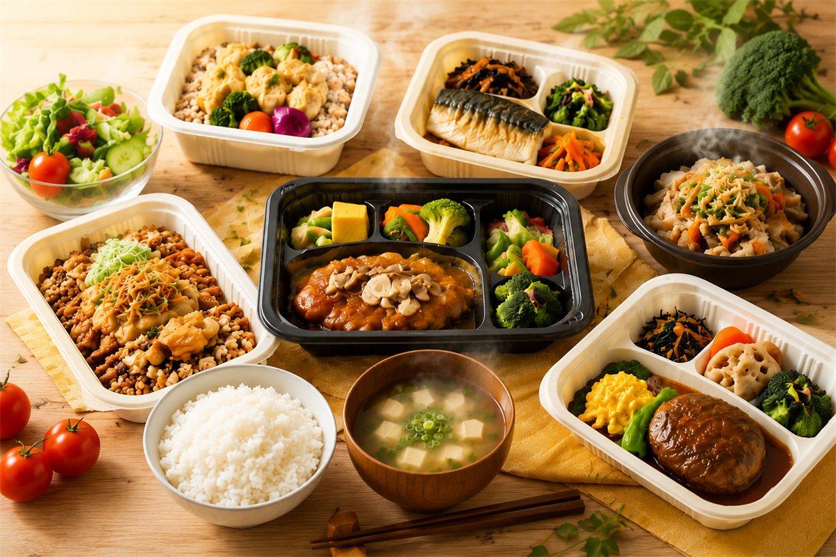 仕切りのある宅配弁当が6つと、味噌汁・白ごはん・サラダを木のテーブルに並べたイメージ写真
