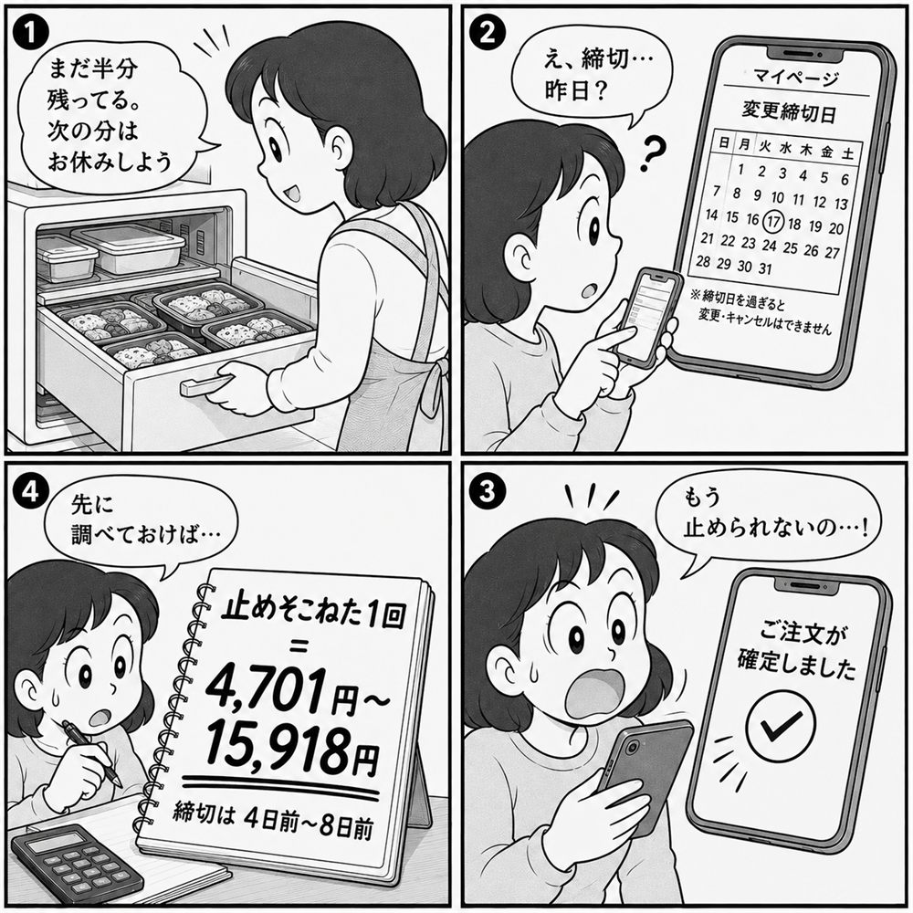 冷凍弁当がまだ半分残っているので次の配送を休もうとした女性が、マイページで変更締切日を見て締切が昨日だったことに気づき、注文が確定してもう止められないと驚き、止めそこねた1回は4,701円から15,918円・締切は4日前から8日前だとノートに書き出す4コマ漫画
