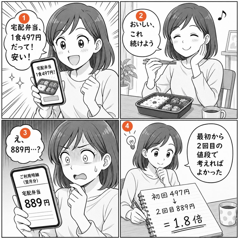お試し価格1食497円につられて申し込み、2回目の請求で889円になって驚き、初回497円から2回目889円で1.8倍だと気づく4コマ漫画