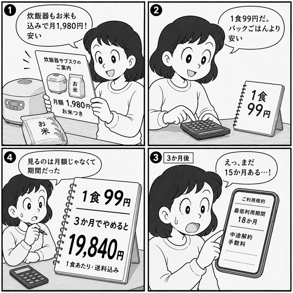 炊飯器とお米込みで月1,980円のサブスクを1食99円だと喜んで契約した人が、3か月後に規約で最低利用期間18か月・中途解約手数料を知り、3か月でやめると合計19,840円になると気づき、見るべきは月額ではなく期間だったとノートに書く4コマ漫画