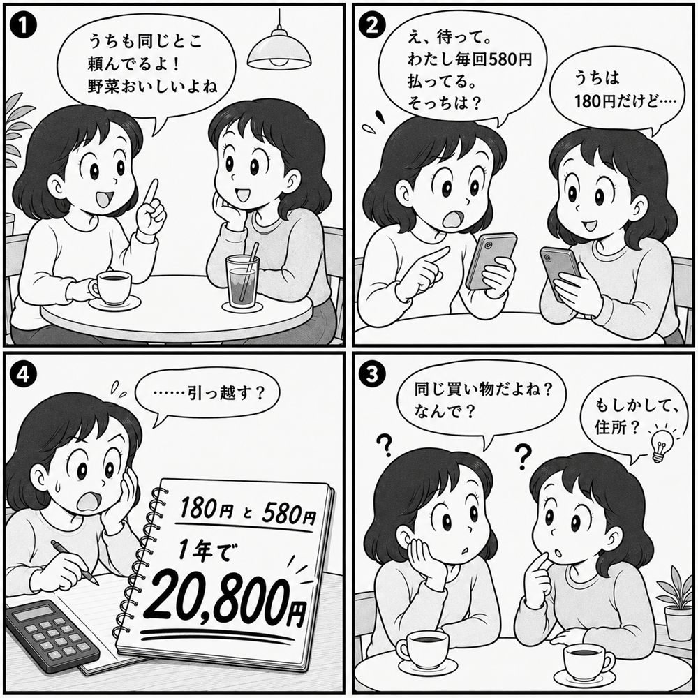 同じ野菜の宅配を使う2人が明細を見せ合い、片方が毎回580円、もう片方が180円払っていることに気づき、原因が住所だと分かって、1年で20,800円の差になると計算する4コマ漫画