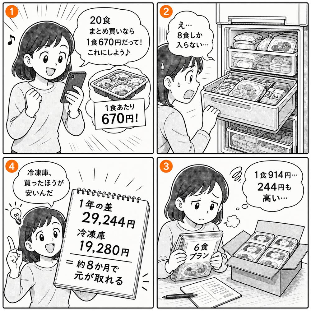 20食まとめ買いなら1食670円と喜ぶが、冷凍庫が満杯で8食しか入らず、6食プランにして1食914円になり、1年の差29,244円と冷凍庫19,280円から約8か月で元が取れると気づく4コマ漫画