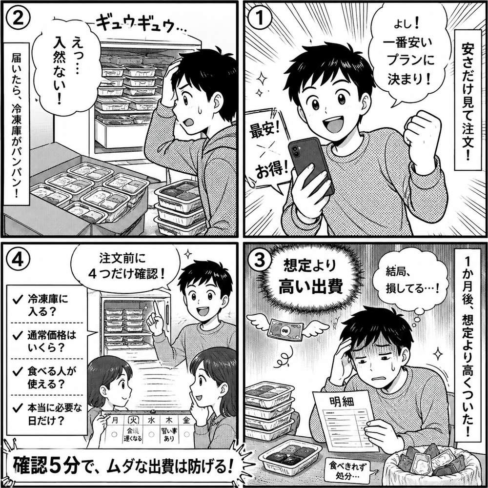 安さだけ見て注文し、届いたら冷凍庫がパンパンで入らず、1か月後に食べきれず処分して想定より高くつく。注文前に「冷凍庫に入る？」「通常価格はいくら？」「食べる人が使える？」「本当に必要な日だけ？」の4つを確認しようという4コマ漫画