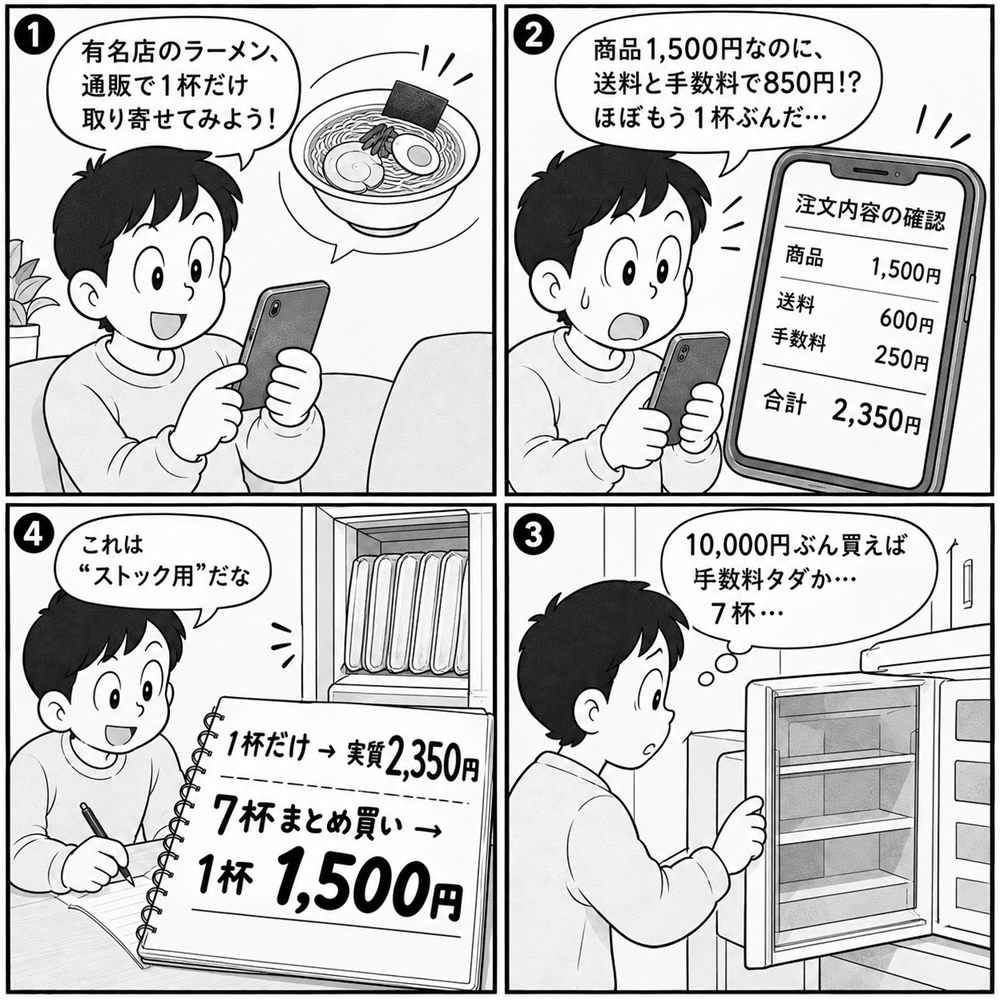 有名店のラーメンを1杯だけ通販で取り寄せようとした男性が、注文画面で商品1,500円に送料・手数料850円が乗って合計2,350円になることに驚き、10,000円分（7杯）買えば手数料が0円になると気づいて冷凍庫の空きを確かめ、「1杯だけなら実質2,350円、7杯まとめ買いなら1杯1,500円」「これはストック用だな」とノートに書く4コマ漫画
